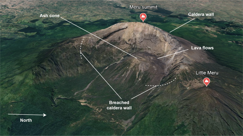 Mount Meru volcano and main geological features