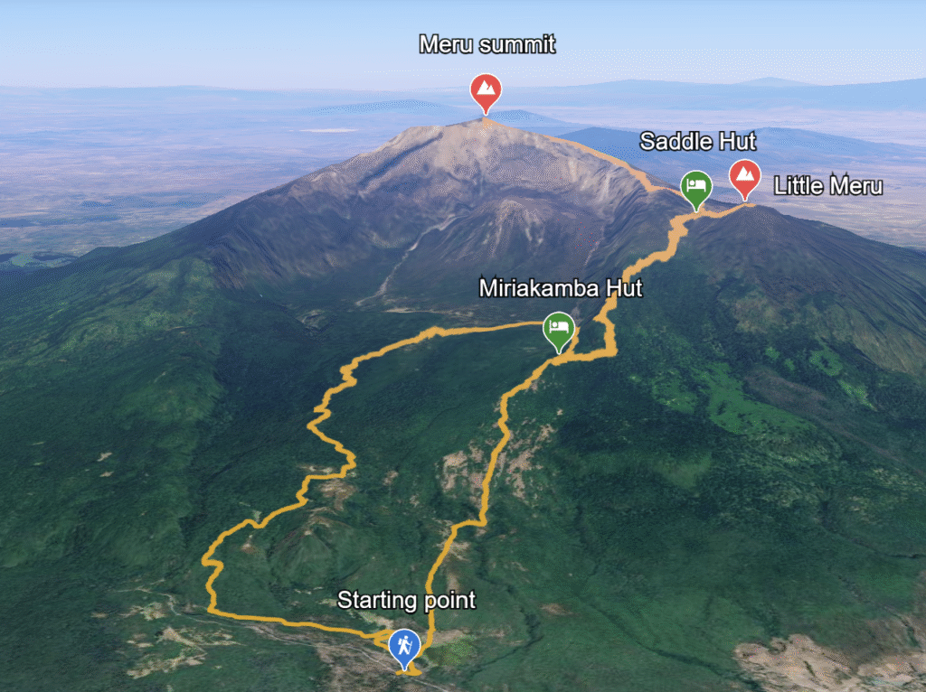 The route up to the summit of Meru volcano